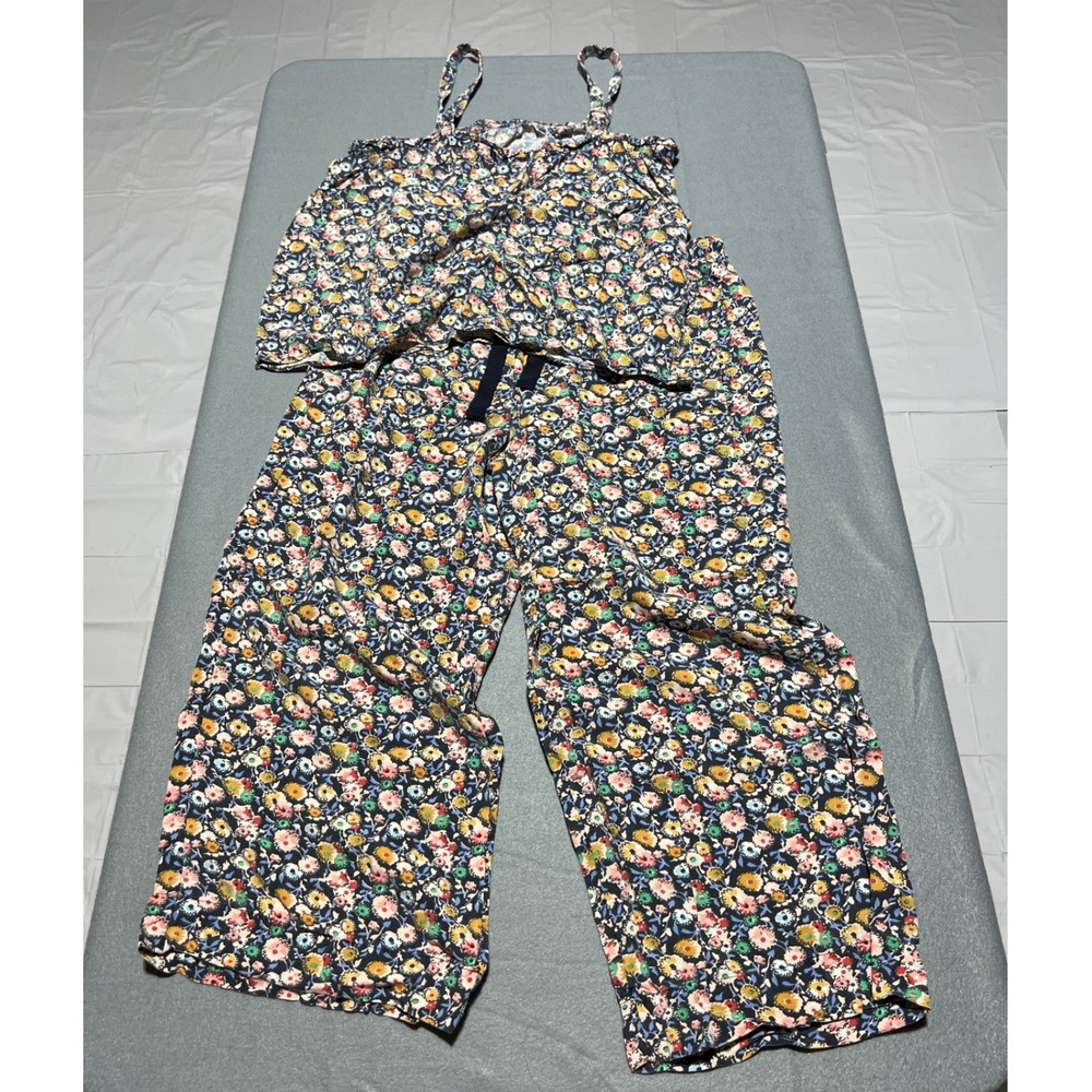 LOFT Sleep Floral Pajama Set Navy Blue Rayon Camisole Wide Leg Pants Womens S